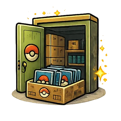 Illustratie van de KaartKamer opslagservice voor Pokémon kaarten in een beveiligde opslagruimte.