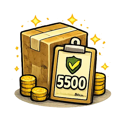 Illustratie van verzekerd verzenden voor Pokémon kaarten met dekking tot €5500 tijdens transport.