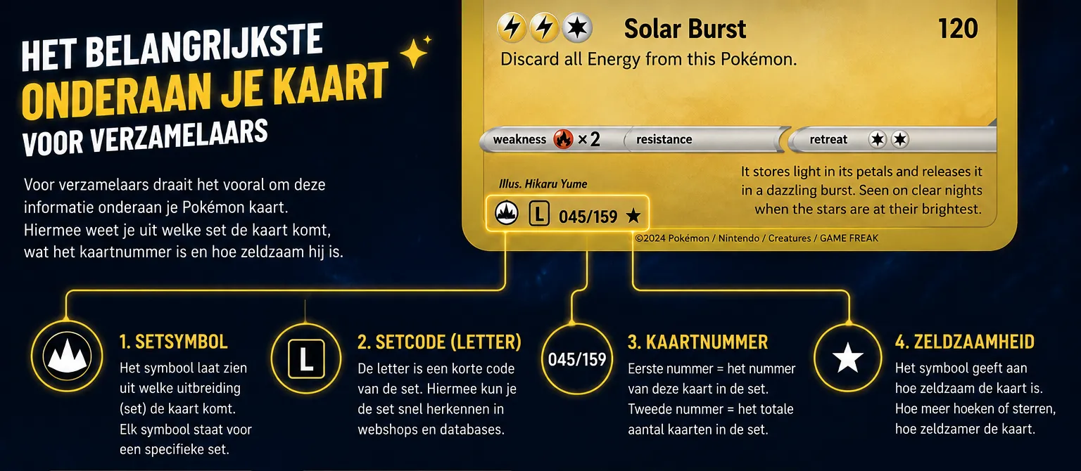 Pokémon kaart lezen met uitleg over setsymbool, kaartnummer, regulatieletter en zeldzaamheid