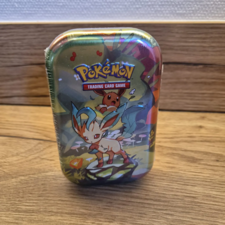 Pokémon Mini Tin met Leafeon en Eevee artwork, geschikt voor Pokémon TCG-verzamelaars.