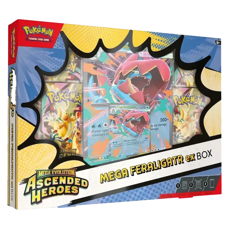 Pokémon Ascended Heroes Mega Feraligatr ex Box met promo kaarten en vier booster packs