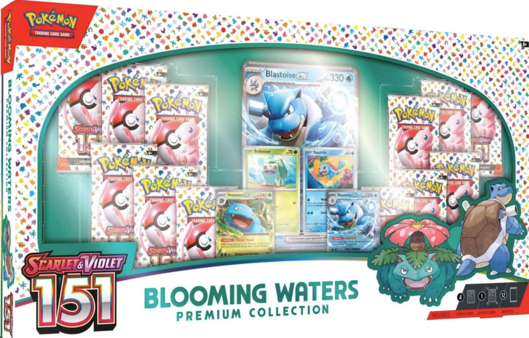 Voorkant van de Pokémon 151 Blooming Waters Premium Collection met Venusaur ex, Blastoise ex en 12 booster packs