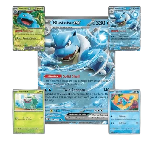 Pokémon 151 Blooming Waters kaarten met Venusaur ex, Blastoise ex, Bulbasaur, Squirtle en oversized Blastoise ex