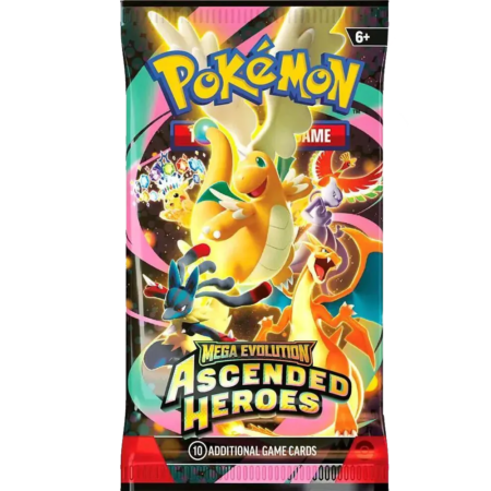 Pokémon Mega Evolution Ascended Heroes booster pack met Dragonite en andere Pokémon artwork