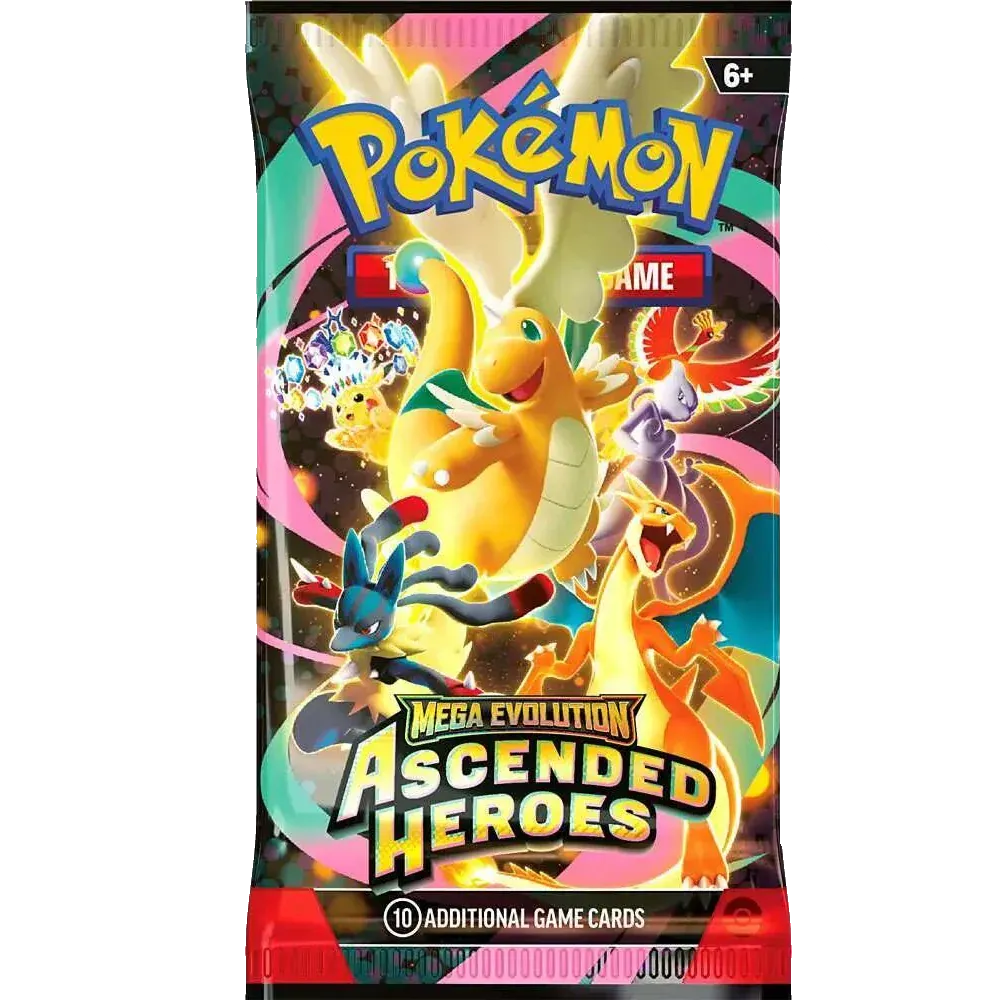 Pokémon Mega Evolution Ascended Heroes booster pack met Dragonite en andere Pokémon artwork