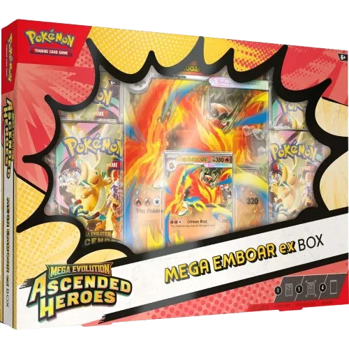 Pokémon Ascended Heroes Mega Emboar ex Box met Mega Emboar ex promo en booster packs