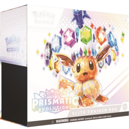 Voorkant van de Pokémon Scarlet & Violet Prismatic Evolutions Elite Trainer Box met Eevee artwork