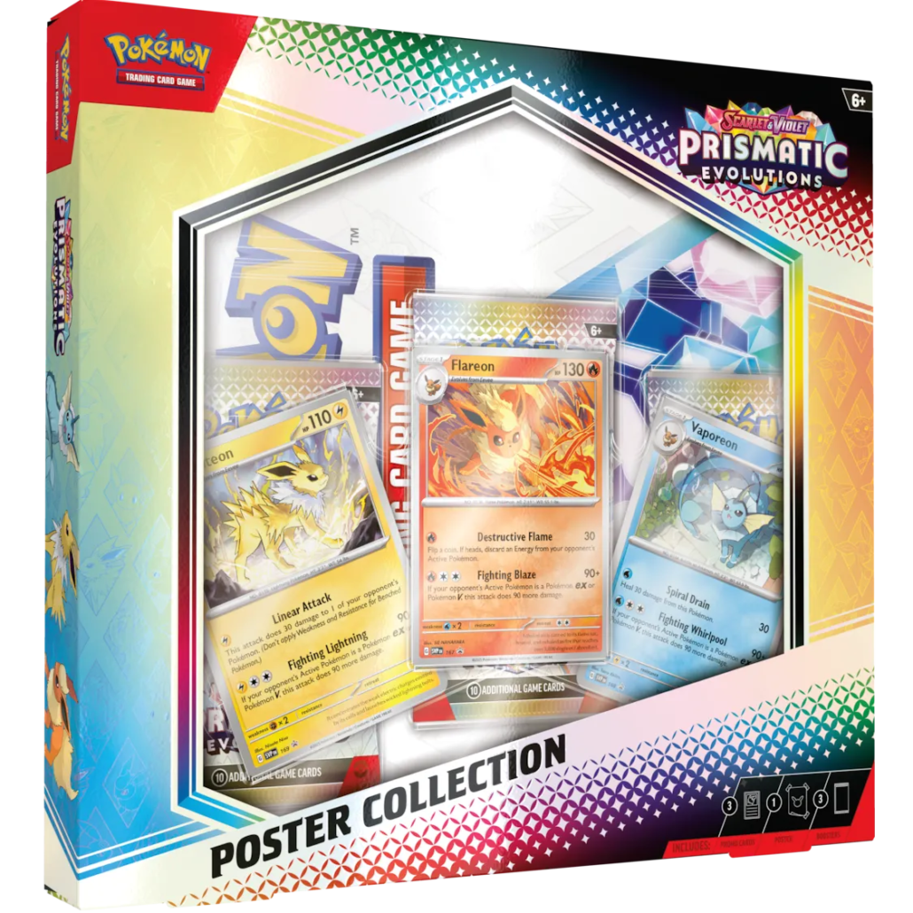 Pokémon Prismatic Evolutions Poster Collection met Flareon, Vaporeon en Jolteon promo kaarten