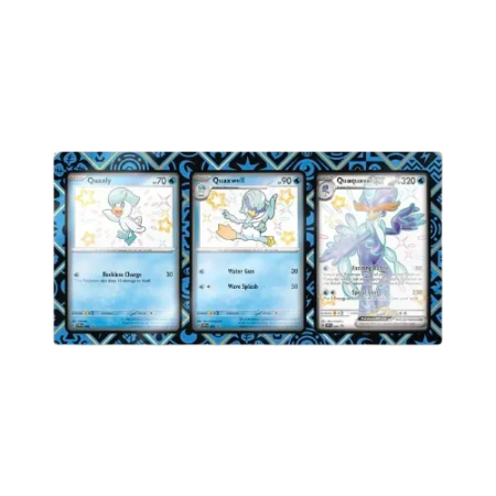 Pokémon promo kaarten van Quaxly, Quaxwell en Quaquaval ex gepresenteerd in acryl