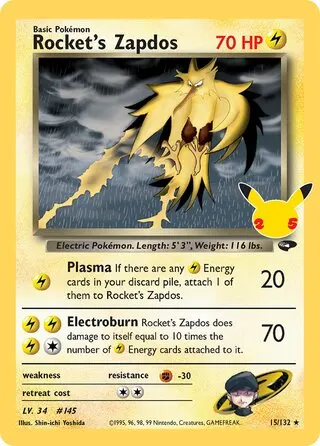 Voorkant van Rocket's Zapdos CC007/25 Classic Collection uit Celebrations Classic Collection